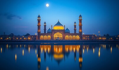 Obraz premium Illuminated Mosque Reflecting on Water at Night