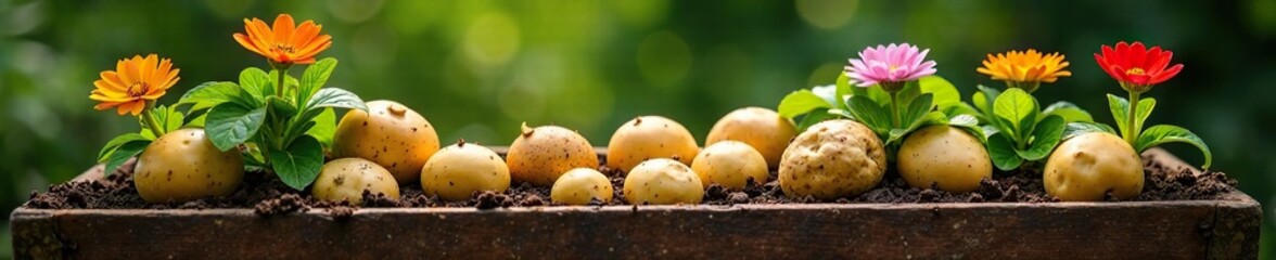 Planter overflowing with potatoes and colorful flowers, gartenarbeit, pflanzenz?chtung