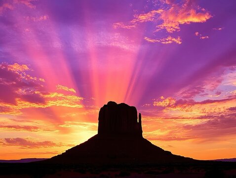 majestic red rock formation silhouetted against dramatic sunset sky with purple and orange clouds in desert landscape