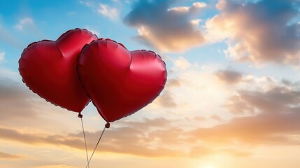 Fototapeta premium two red heart shaped balloons floating in the sky