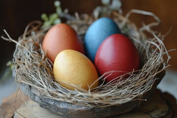 Obraz premium Colorful Easter Eggs in a Nest Vibrant Holiday Decoration and Spring Symbol
