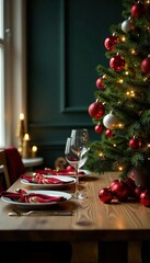 Festive wooden table with festive decorations and a large Christmas tree, festive table,