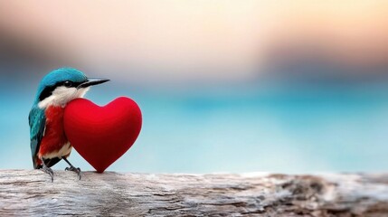 Fototapeta premium A bird sitting on a branch holding a red heart