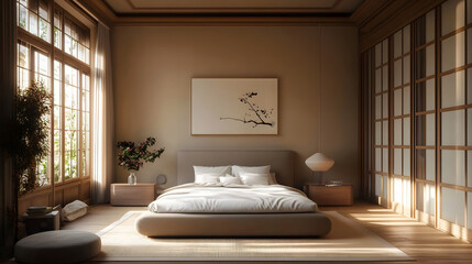 luxury japandi bedroom interior design of modern living room in Pantone color of the year 2025 Mocha Mousse