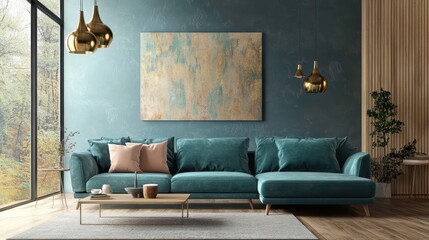 interior design, luxurious living room, teal walls, velvet teal sofa, gold pendant lights, large window, cloud painting artwork, minimalist decor, modern aesthetic, potted plant, natural light, high c