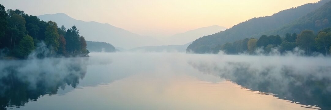 misty morning fog surrounds the lake's surface, morning scene, water