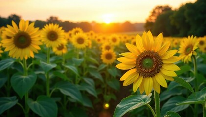 Obraz premium Soft golden light on green corn and sunflowers in garden, country side, field
