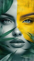 Vivid Portrait of a Woman with Artistic Leaf Elements and Bright Yellow Accents