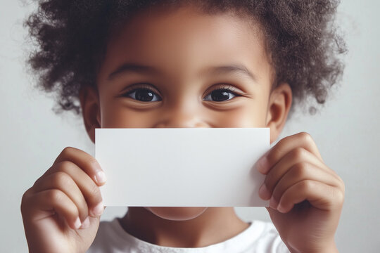 Smiling child holding blank card close-up