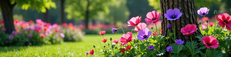Fototapeta premium Flores violetas y rosas entrelazadas alrededor de un ?rbol en un jard?n soleado, violets, poppies
