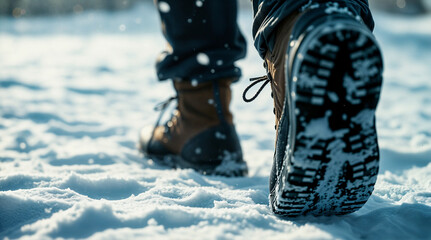hiking boots in the forest / woods trail hiking in the snow, outdoor sports in winter time	
