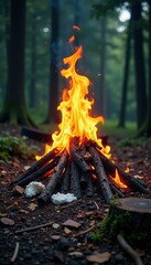 Fire consuming a pile of garbage in a forest clearing, forest, fire, tree stumps