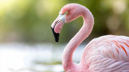 Fototapeta premium A pink flamingo standing next to a body of water
