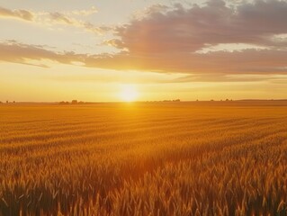 Obraz premium mesmerizing sunrise over vast golden wheat field with dramatic clouds and sun rays creating magical morning atmosphere in rural countryside
