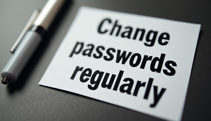 Sticker with the text 'Change passwords regularly' placed beside a pen, highlighting the importance of password security.