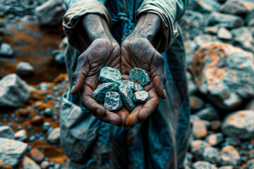 a stone mine worker old beat-up hands holding a stone, third world countries being exploited, work labor	