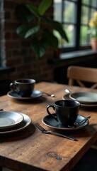 Wooden table with dark wood and black glassware, grainy, texture