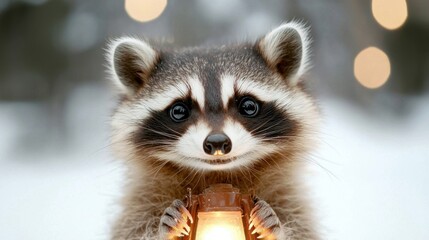 Obraz premium A raccoon holding a lantern in the snow