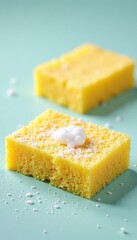 Freshly washed kitchen sponge surface with visible soap residue, fresh, white, washed
