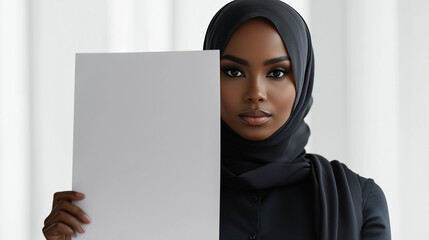  Confident woman in hijab holding blank sheet in modern setting