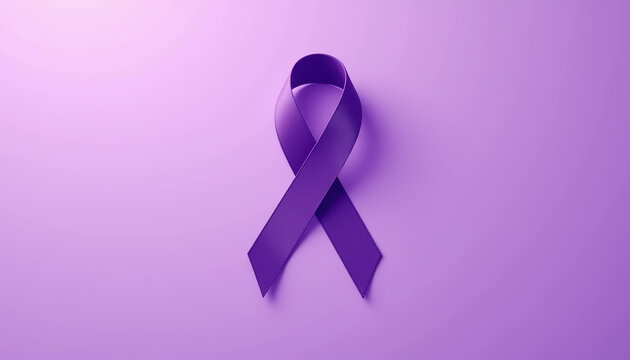 A beautifully crafted purple ribbon placed elegantly on a matching pink background, symbolizing awareness for pancreatic and brain cancer as well as epilepsy, reflecting strength and unity.