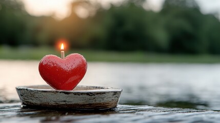 Fototapeta premium A red heart shaped candle sitting on top of a wooden boat