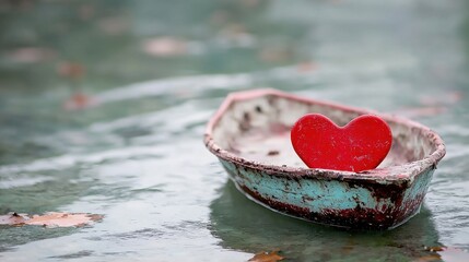 Fototapeta premium A red heart sitting in a small boat in the water