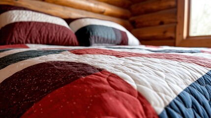 A bed with a red, white and blue quilt on it