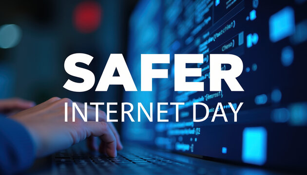 Banner for Safer Internet Day with a strong emphasis on online security and community engagement, featuring dynamic visuals and informative messaging. - Powered by Adobe