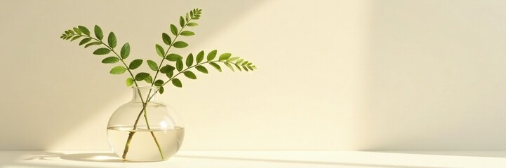 Cream-colored walls adorned with a delicate fern-like plant in a clear glass vase, plants, simplicity