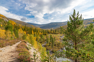 View to Mannepakhp river at Khibiny mountains. Early autumn in arctic tundra region. Kola peninsula, Murmansk region, Russia.