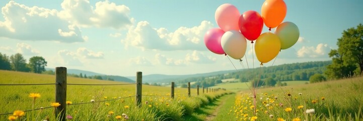 Balloons tied to a fence post in a lush meadow, landscape, nature