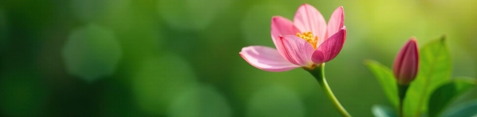 delicate pink petals unfolding on a slender green stem, greenery, blossoms, foliage