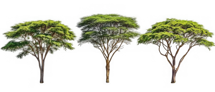 Collection of isolated African acacia trees on a transparent background. Plant and flower concept.
