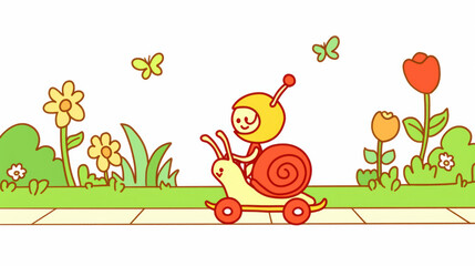 cheerful snail character rides cart through colorful garden