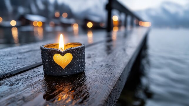 A candle with a yellow heart sitting on a wooden dock