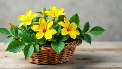 Leafy greens and yellow flowers on a wooden basket, wicker, woven, eucalyptus