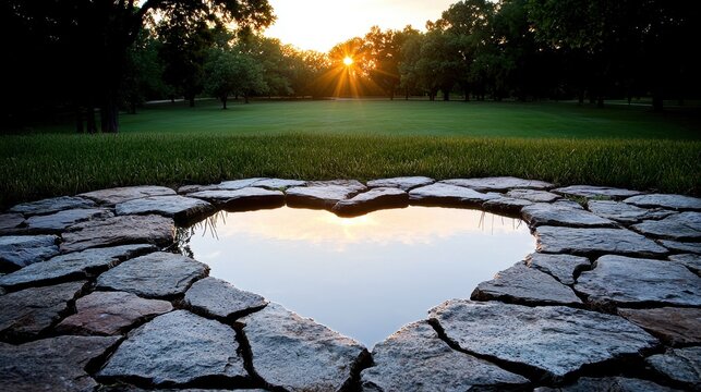 A heart shaped pond in the middle of a grassy field