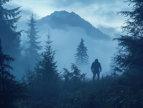 mysterious bigfoot silhouette captured at dawn in misty pacific northwest forest with mountain range and ancient pine trees in background
