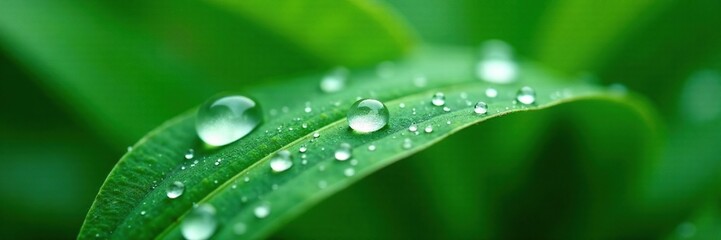 Dewy water drops clinging to emerald green leaf surface, dew, closeup, nature