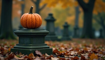 A lone pumpkin sits on a pedestal on a grave marker in a forgotten cemetery, pedestal, autumn leaves