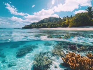 Fototapeta premium mystical underwater paradise with vibrant coral reefs, shimmering sunbeams penetrating crystal clear turquoise waters and exotic marine life