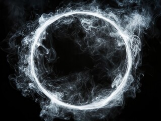 Naklejka premium mystical white smoke ring creating perfect circle frame against deep black background with ethereal wisps and swirling patterns