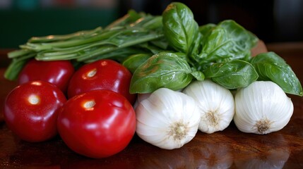 A wooden cutting board topped with tomatoes, garlic, and basil