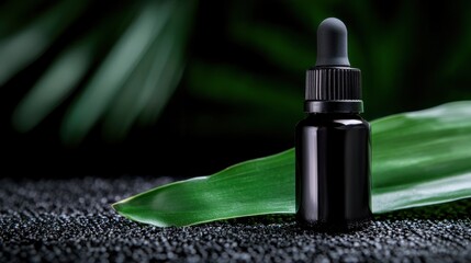 A black dropper bottle sitting on top of a green leaf
