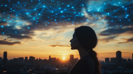 Fototapeta premium Abstract business woman stands on the peak of success amid tall, innovative Smart city and graphs with statistics to analyze business potential and predict future developments in company growth.