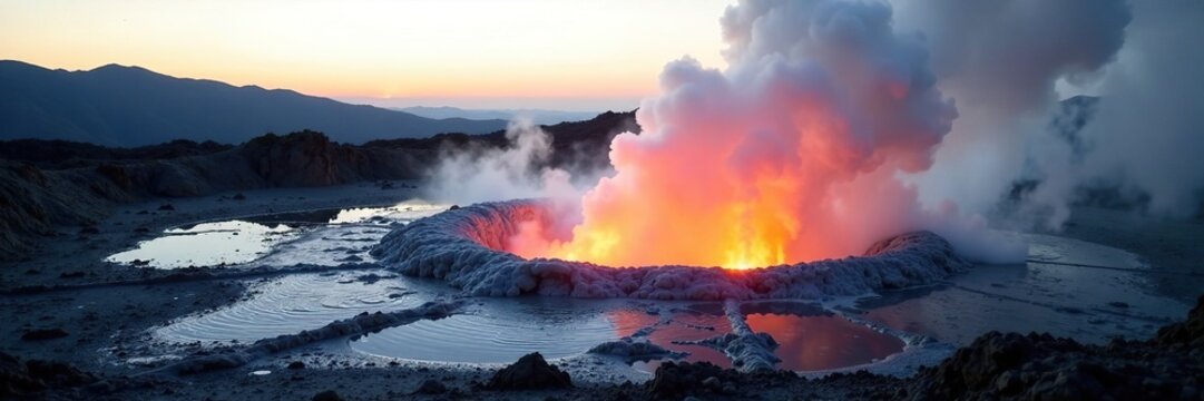 Steamy fumarole emitting white plumes near volcano, eruption, volcanic
