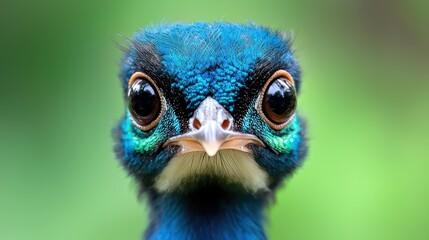 Fototapeta premium A close up of a peacock's head with a green background