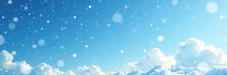 Large snowflakes gently fall on a bright blue sky with few clouds, gentle fall, large snowfall, calm atmosphere