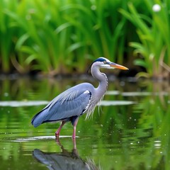 Fototapeta premium Heron wading through shallow water with aquatic plants, freshwater, vegetation